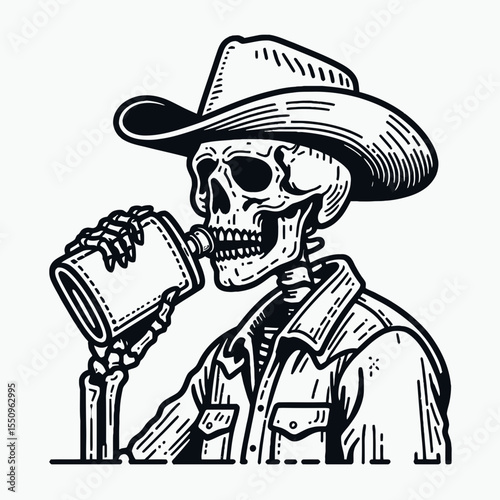 Skeleton as cowboy Taking a swig from flask. Ghost Spooky Scary Halloween Cartoon Clipart Line Art Vector Illustration. Bony hombre rancher getting drink container western theme image.