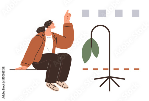 Woman sitting while pointing upward near a drooping plant, suggesting growth, innovation, sustainability, and solutions. Ideal for guidance, determination, creativity, ecology mindfulness