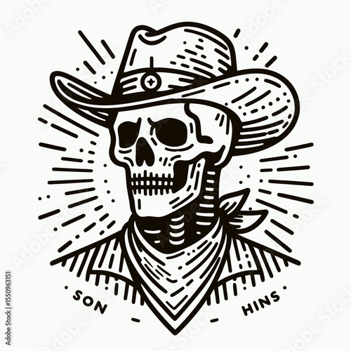 Skeleton as cowboy Squinting in the sun. Ghost Spooky Scary Halloween Cartoon Clipart Line Art Vector Illustration. Boney peers face to bright light under western sun dry climate.