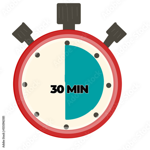 Stopwatch with 30 minutes label. Flat cartoon time concept. Countdown and timer symbol..