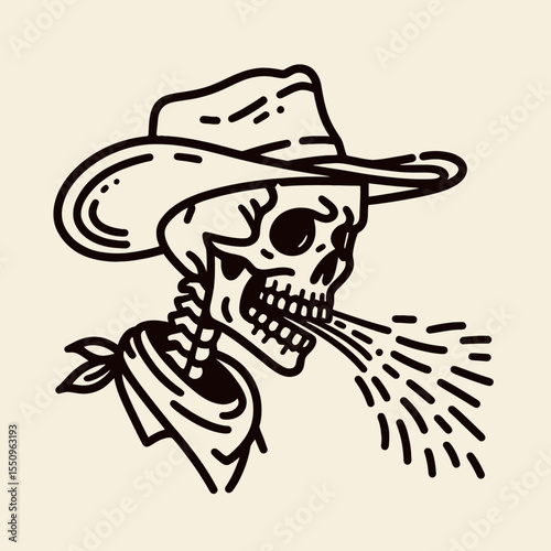 Skeleton as cowboy Spitting. Ghost Spooky Scary Halloween Cartoon Clipart Line Art Vector Illustration. Bony outlaw ejecting fluid a western-themed illustration or drawing.