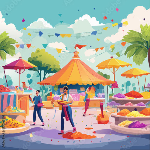 Villagers and market vendors celebrate Holi among colorful stalls filled with sweets and flowers.