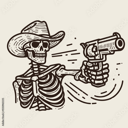 Skeleton as cowboy Shooting a gun. Ghost Spooky Scary Halloween Cartoon Clipart Line Art Vector Illustration. Bony gunslinger drawing firearm western undead figure using pistol.