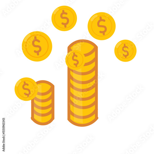 Gold coin stack with coins flying. Flat cartoon illustration. Wealth and success symbol.