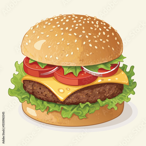 Burger Vector Illustration – Colorful Flat Design of Tasty Cheeseburger with Lettuce, Tomato, Cheese, and Sesame Bun – Perfect for Menus, Fast Food Branding, or Digital Food Art

