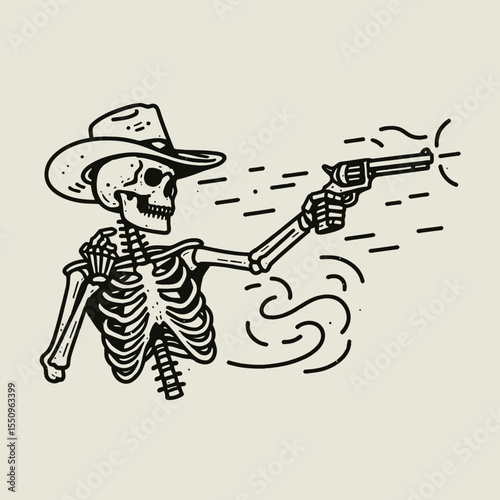 Skeleton as cowboy Shooting a gun. Ghost Spooky Scary Halloween Cartoon Clipart Line Art Vector Illustration. Bony gunslinger drawing firearm desert motif western character bones.