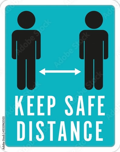 Vertical image of keep safe distance text and arrow with two people symbols, on blue with copy space