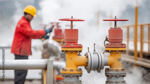 Operators adjust valve controls at a geothermal wellhead, focusing on steam and brine separation systems with corrosion-resistant materials and safety gear in action
