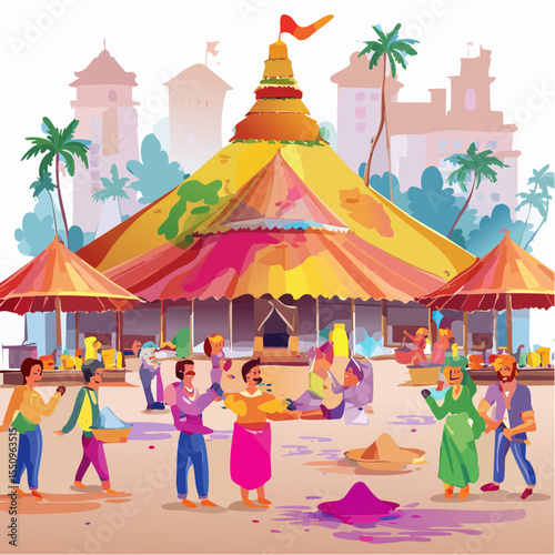 Villagers and market vendors celebrate Holi among colorful stalls filled with sweets and flowers.