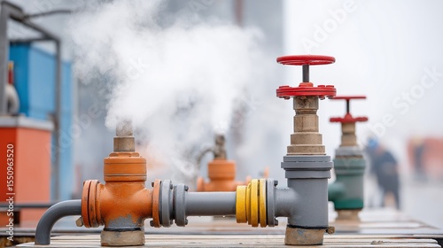 Plant operators are adjusting valve controls at a geothermal wellhead, showcasing steam and brine separation systems with corrosion-resistant materials and safety equipment
