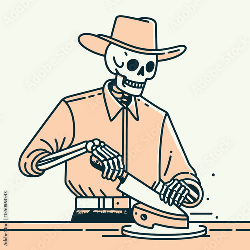 Skeleton as cowboy Sharpening a knife. Ghost Spooky Scary Halloween Cartoon Clipart Line Art Vector Illustration. Bony figure honing blade western theme bone man with weapon.
