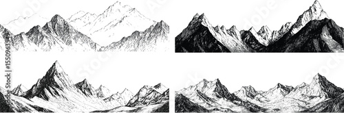 Varied Mountain Landscape Set in Handdrawn Vector Style,Generative Ai