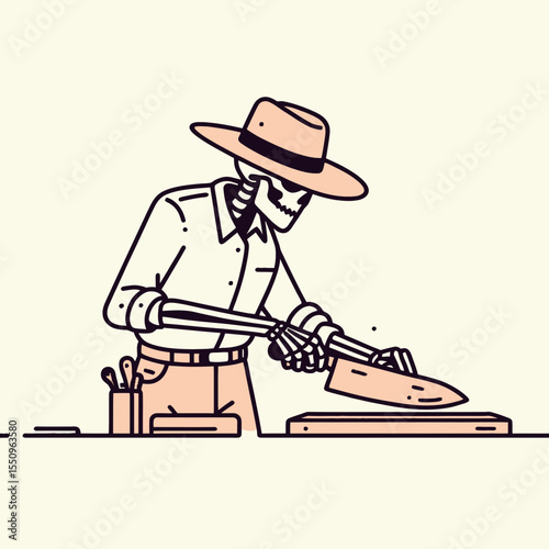 Skeleton as cowboy Sharpening a knife. Ghost Spooky Scary Halloween Cartoon Clipart Line Art Vector Illustration. Bony fellow rancher honing cutter western theme.