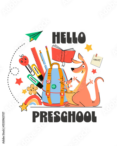 Hello Preschool – Cute Kangaroo with Backpack and School Supplies Vector for Kids.Playful and colorful vector illustration featuring a smiling kangaroo and joey with a backpack full of school supplies