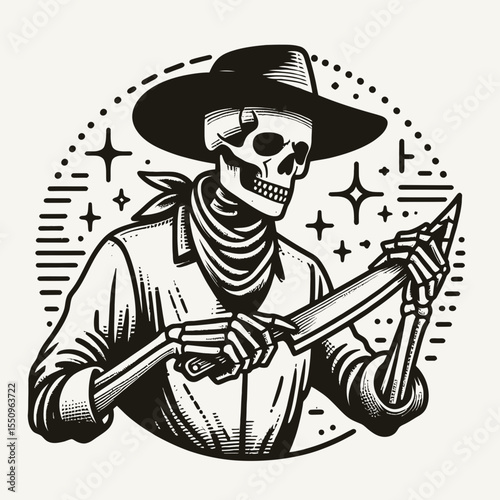 Skeleton as cowboy Sharpening a knife. Ghost Spooky Scary Halloween Cartoon Clipart Line Art Vector Illustration. Bony persona like rancher grinding blade western theme sharp weapon.