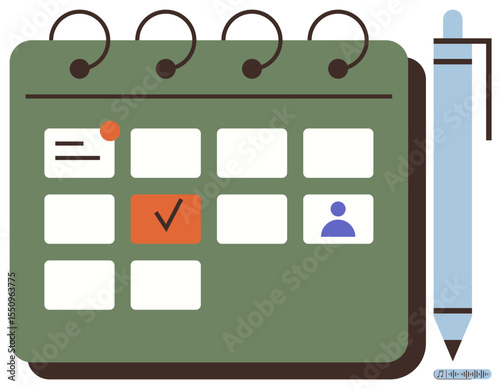 Calendar with marked date, event reminder, user profile, and accompanying pen for notes. Ideal for scheduling, organization, productivity, time management, event planning reminders meeting