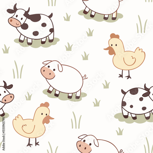 Seamless Farm Animal Pattern – Cute Vector Design.
Seamless cartoon vector of farm animals in soft pastel tones. Perfect for baby products, packaging and wallpapers.