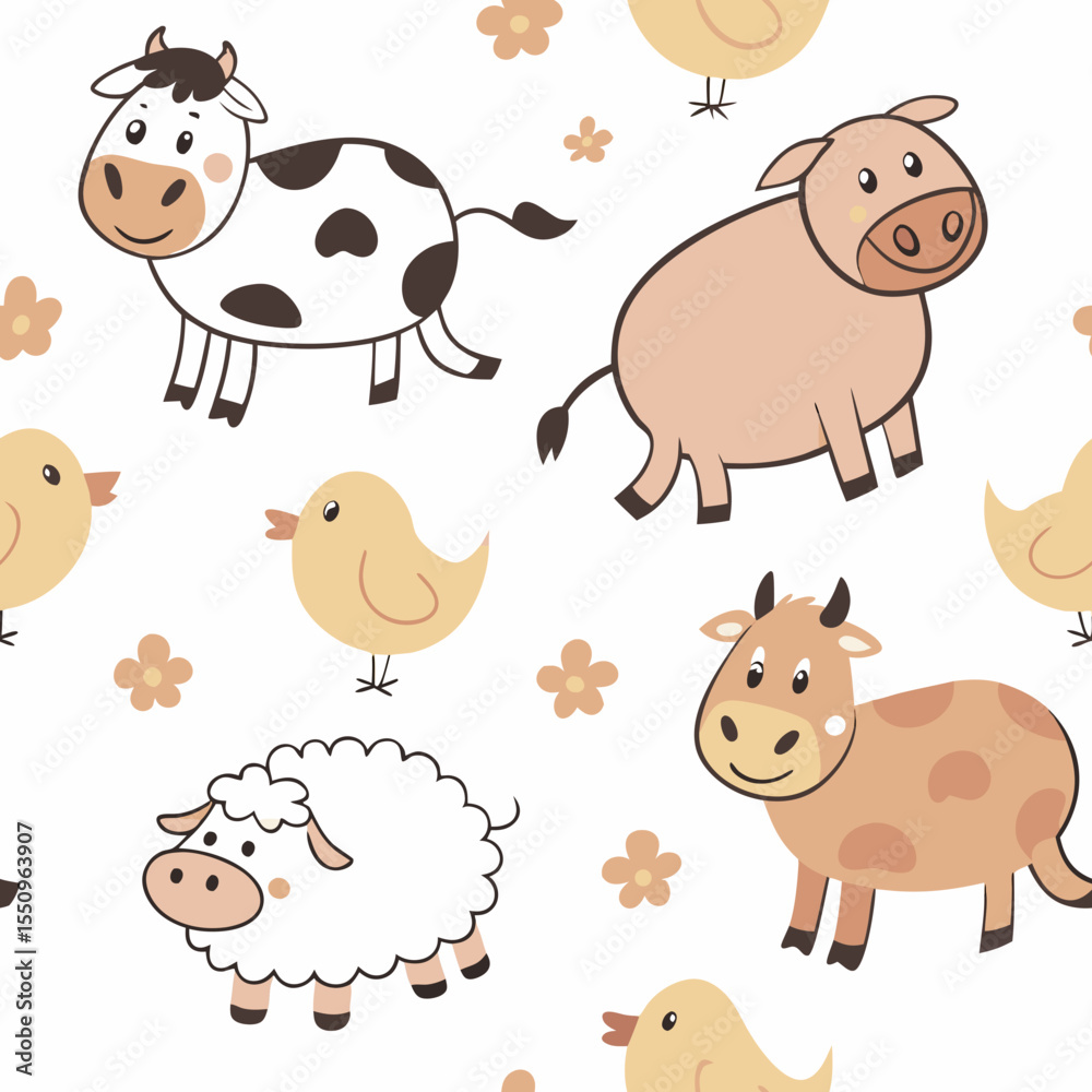 Obraz premium Seamless Farm Animal Pattern – Cute Vector Design. Seamless cartoon vector of farm animals in soft pastel tones. Perfect for baby products, packaging and wallpapers.