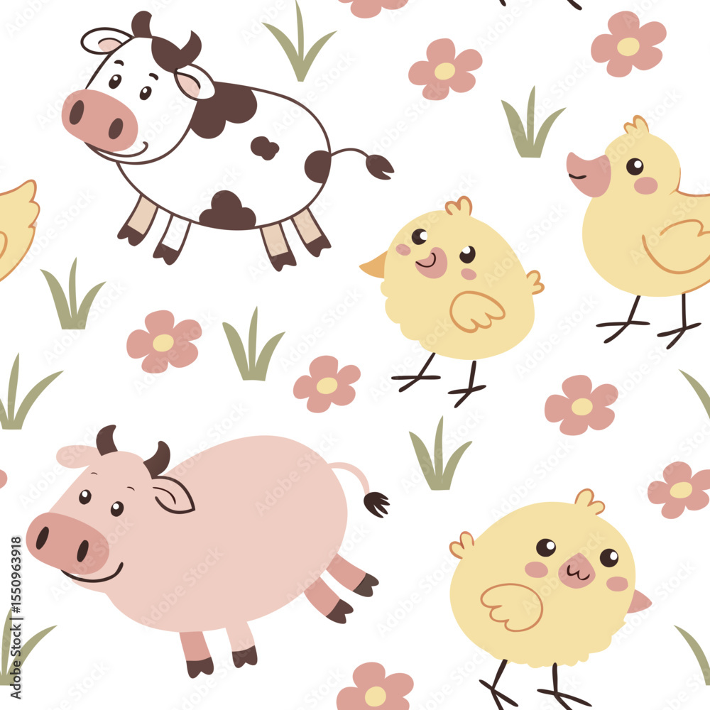 Fototapeta premium Seamless Farm Animal Pattern – Cute Vector Design. Seamless cartoon vector of farm animals in soft pastel tones. Perfect for baby products, packaging and wallpapers.