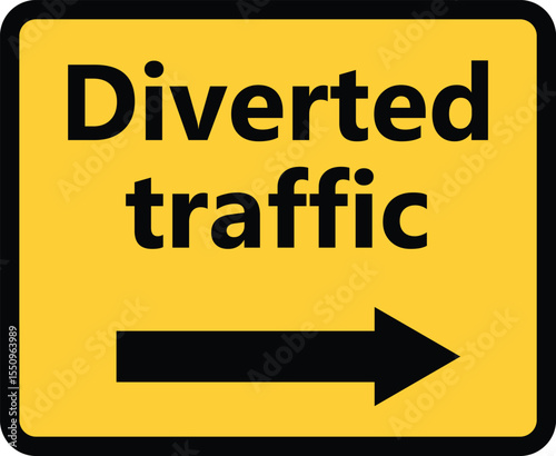 Typical diverted traffic black and yellow road highway sign over on white background. Traffic signs and symbols. Diverted traffic sign. flat style.