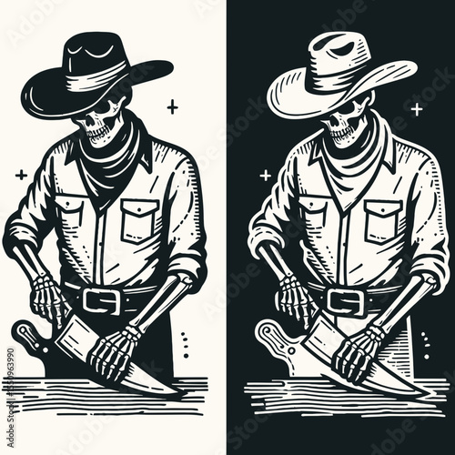 Skeleton as cowboy Sharpening a knife. Ghost Spooky Scary Halloween Cartoon Clipart Line Art Vector Illustration. Bony gunslinger honing blade western theme figure with sharp tool.