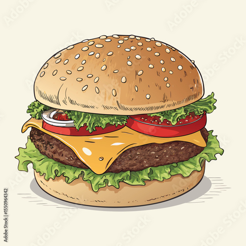 Burger Vector Illustration – Colorful Flat Design of Tasty Cheeseburger with Lettuce, Tomato, Cheese, and Sesame Bun – Perfect for Menus, Fast Food Branding, or Digital Food Art

