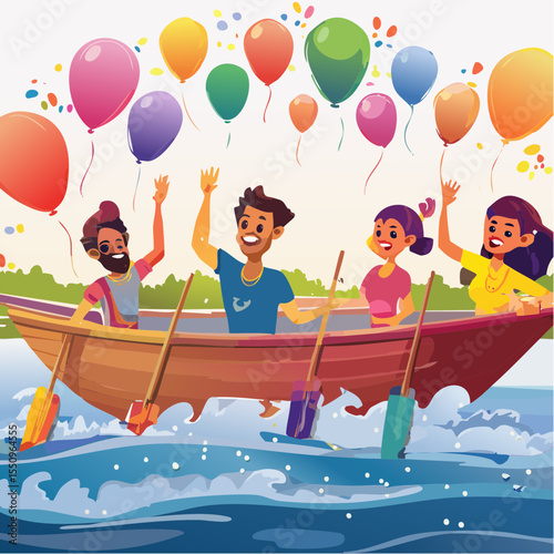 People on boats toss color across the river during a Holi celebration, joyfully creating clouds of floating gulal.