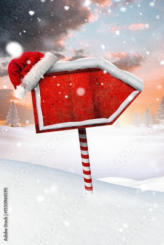 Red arrow sign is pointing in snowy flat design with candy-cane post, Santa hat, pine forest