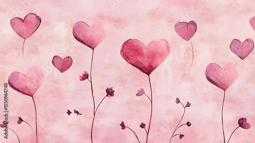 Pink Watercolor Heart Flowers Pattern card on Soft Background,Generative Ai