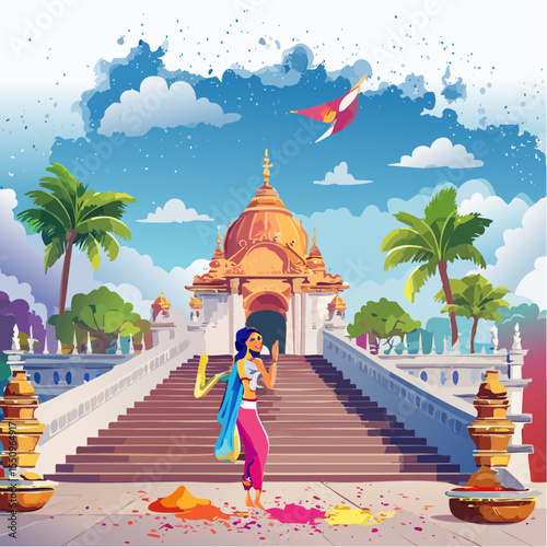Young Indian men and women dance and toss colored powder from the steps of a historic temple during Holi.
