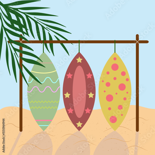 Vector illustration of three colorful surfboards with patterns hanging on a wooden stand, with palm leaves and sandy beach in the background.