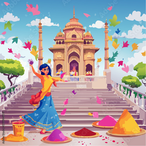 Young Indian men and women dance and toss colored powder from the steps of a historic temple during Holi.