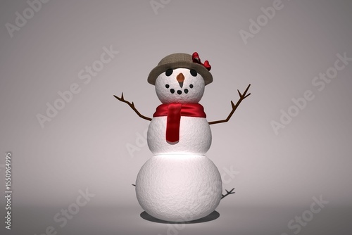 Snowman is standing on gray backdrop, flat design, featuring twig arms, red scarf, carrot nose