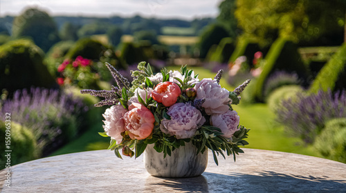 Elegant English garden bouquets in vintage vases, adorned with peonies, tulips and roses and other flowers, displayed in manor garden with dappled light and timeless floral grace