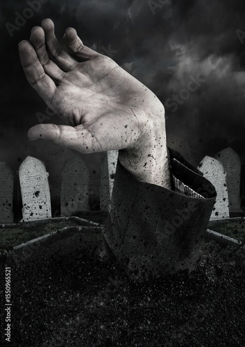 Digital composite image of cropped hand at cemetery