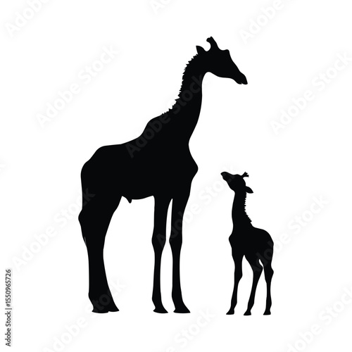Giraffe Looking Back at Baby Silhouette Scene,Generative Ai