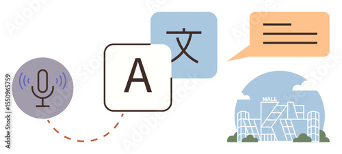 Microphone symbol, language blocks, speech bubble, and mall icon for global communication, travel, or business. Ideal for translation services, education, AI globalization accessibility travel