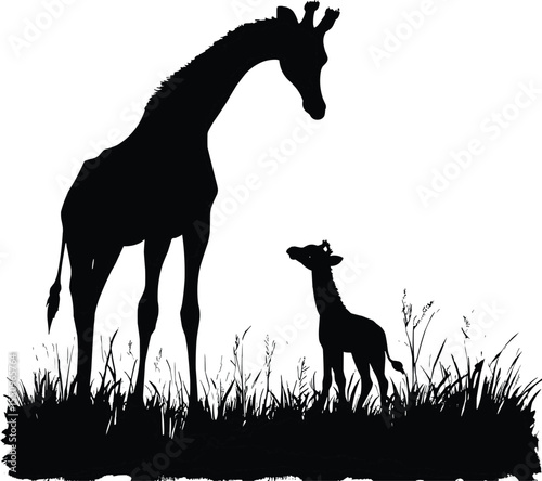 Giraffe and Baby Standing Together Silhouette,Generative Ai