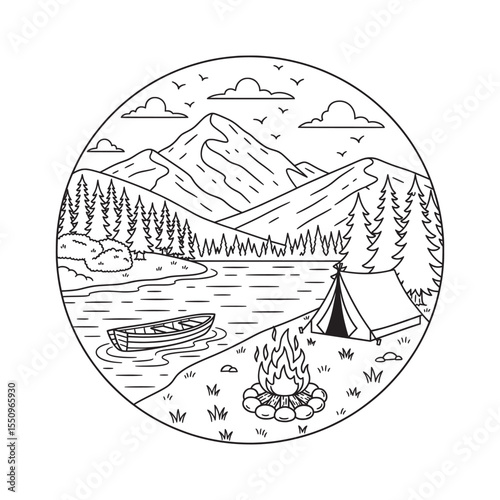 Serene Lakeside Campsite Lineart Illustration
