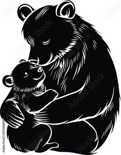 Bear Hugging Baby Cub Silhouette Gently Art & Illustration,Generative Ai