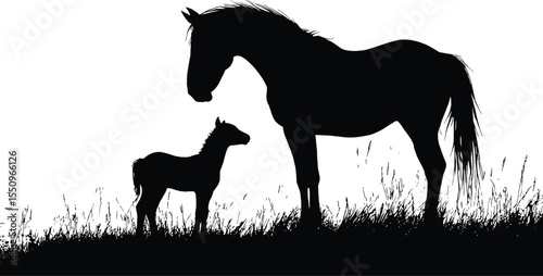 Horse and Foal Standing Silhouette in Field Art & Illustration,Generative Ai