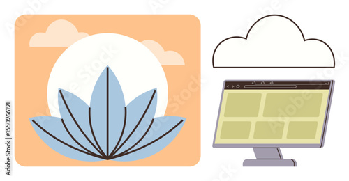 Blue lotus in a soft background beside a monitor and cloud illustration. Ideal for wellness, sustainability, technology, cloud computing, meditation, digital balance, future innovation. Minimal flat
