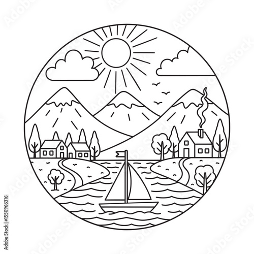 Riverside Mountain Village Lineart Illustration