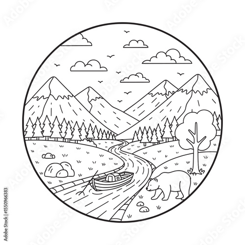 River Journey with a Bear Lineart Illustration