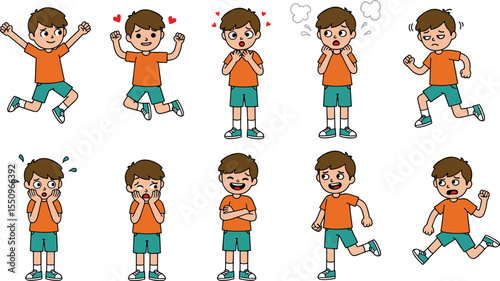 Cartoon boy emotional expressions set, happy sad angry scared surprised confused running, children emotions character pose, vector illustration, kids mood