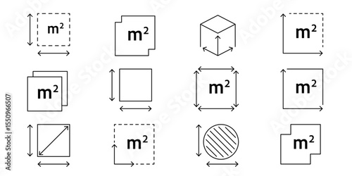 Real estate dimension icon showing M2 sign. Square meter measurement symbol for floor area, room size, or apartment plan. Clean outline vector illustration