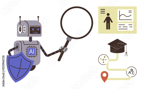 AI robot with magnifying glass examining data chart, shield, academic cap, and location marker. Ideal for technology, education, research, innovation, data security artificial intelligence