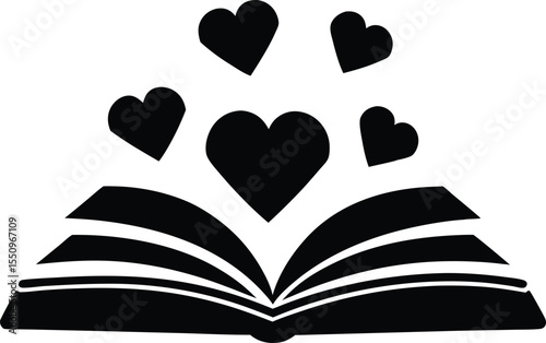 open book with heart shape silhouette, open book with pages and hearts flying black silhouette