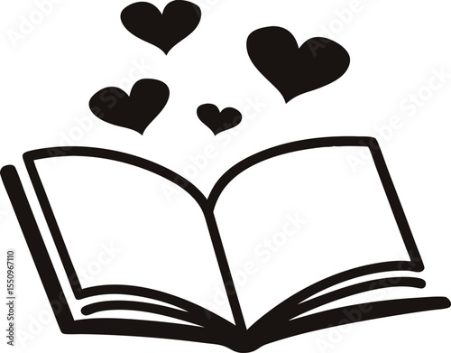 open book with heart shape silhouette, open book with pages and hearts flying black silhouette