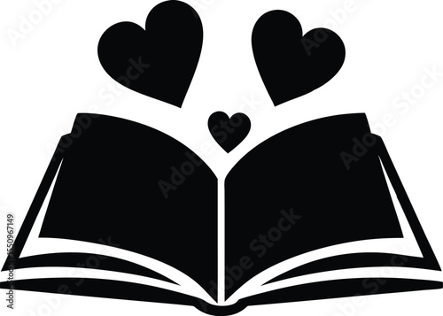 open book with heart shape silhouette, open book with pages and hearts flying black silhouette